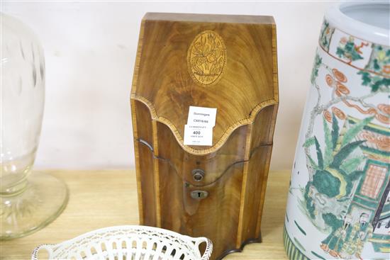 A George III mahogany slope front knife box, height 38cm